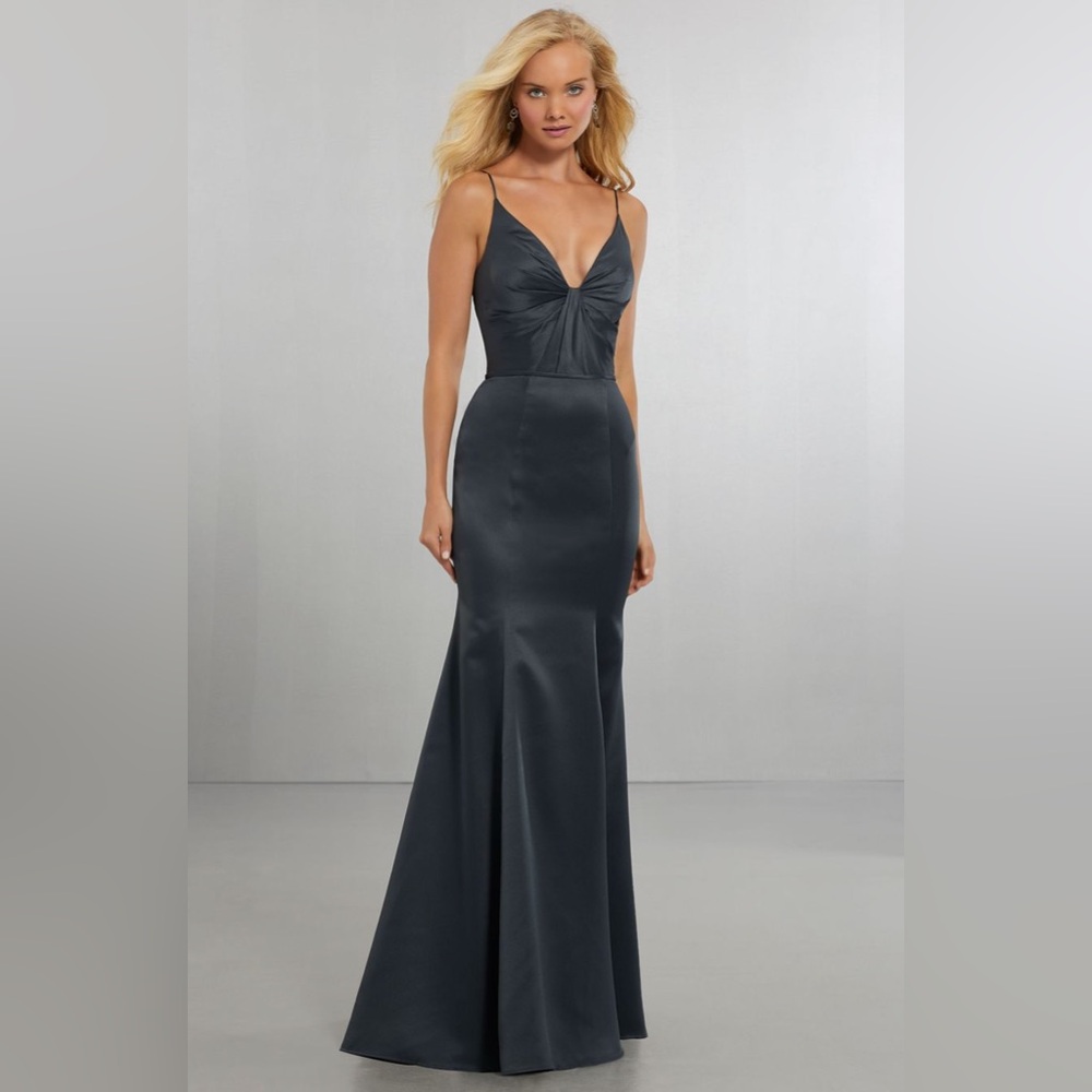 Mori Lee Madeline Gardner Charcoal Satin Formal Gown | US 6 | Brand New w/Tags